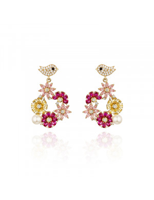耳環•鳥語花香系列 Garden Party Earrings 花鳥環繞大圈吊墜耳環