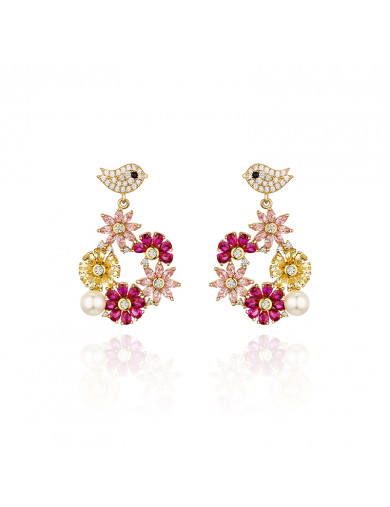 耳環•鳥語花香系列 Garden Party Earrings 花鳥環繞大圈吊墜耳環
